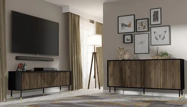 Frezowana szafka pod TV czarny + orzech pacyfik G9-B15
