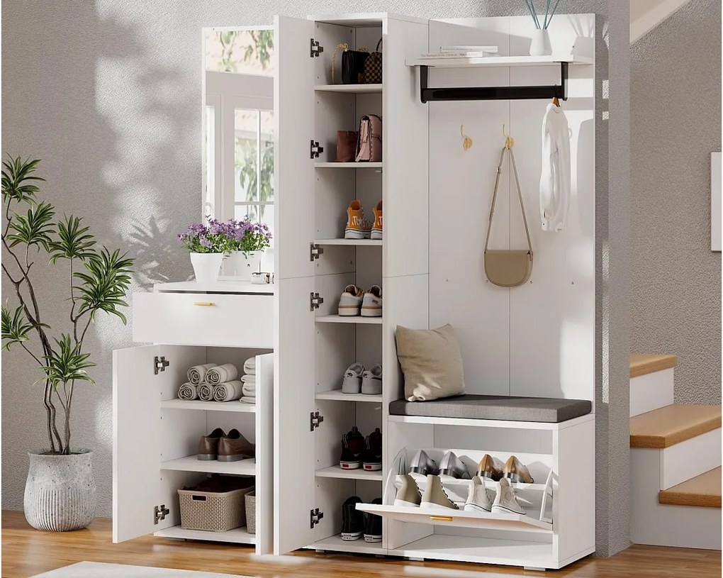 Zestaw szafy na ubrania 150x36x180cm - z 4 drzwiami i 1 szufladą - z lustrem i szafą na buty - z haczykiem - Biały