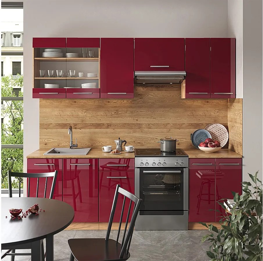 Aneks kuchenny bordeaux wysoki połysk/złoty dąb 240x46x81.6 fame-line