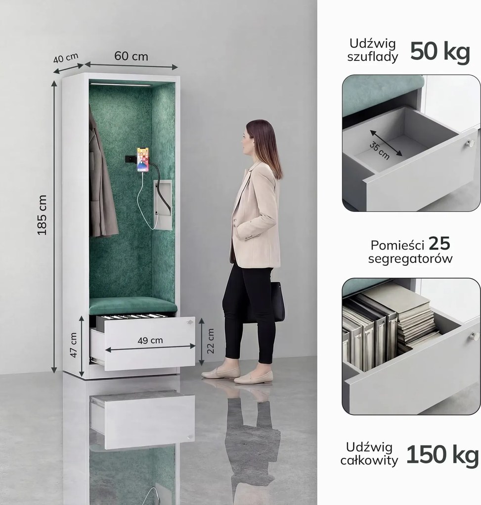 Kabina akustyczna z siedziskiem Sally MentalBox, 60 x 40 x 185 cm, czarny/zielony