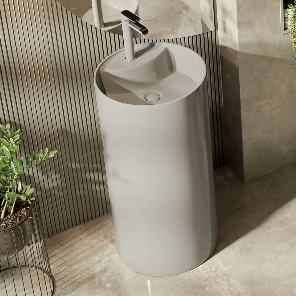 Umywalka z konglomeratu wolnostojąca okrągła szara błyszcząca 87 x 44 cm KALMI GREY GLOW z otworem na baterie : Podłączenie syfonu - Do ściany