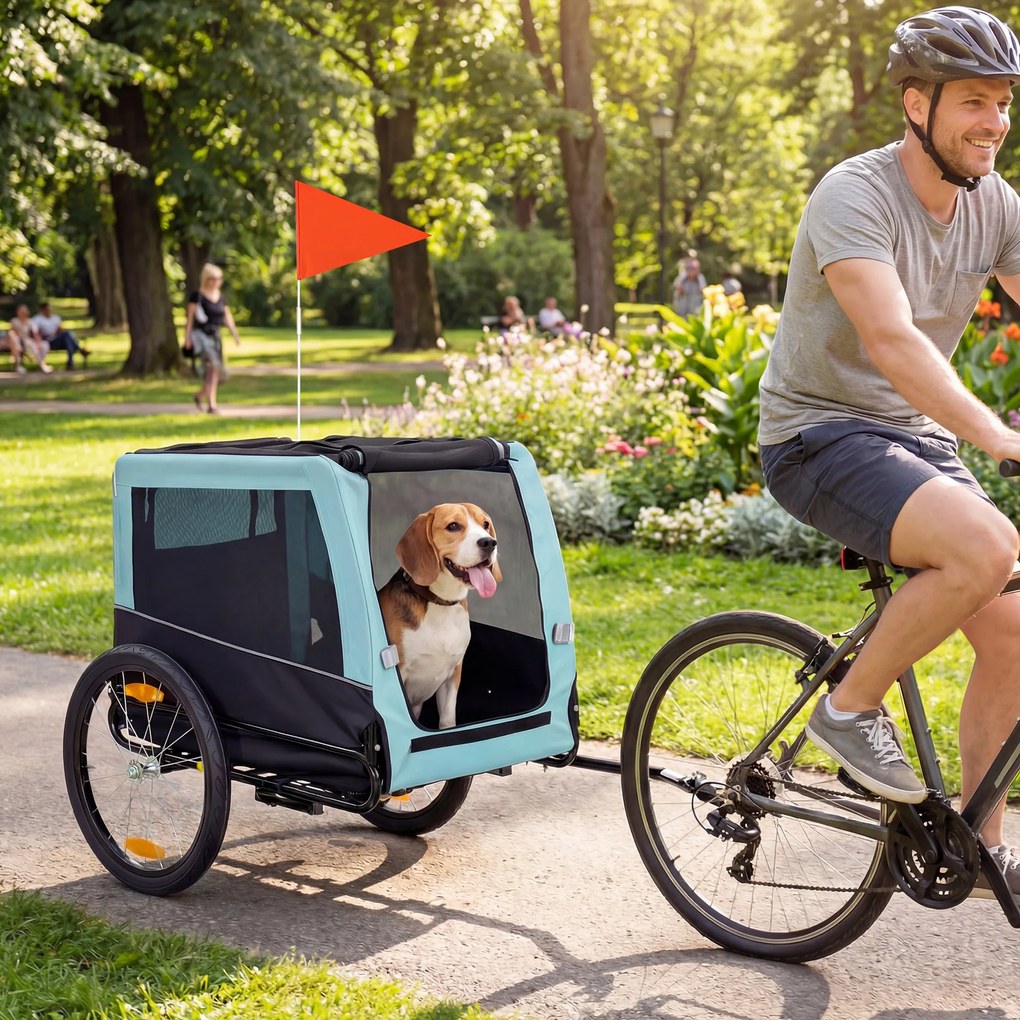 PawHut Składana przyczepka rowerowa z odblaskami, smyczą, dla średnich psów do 20 kg, 143 x 70 x 90 cm, jasnoniebieska | Aosom PL