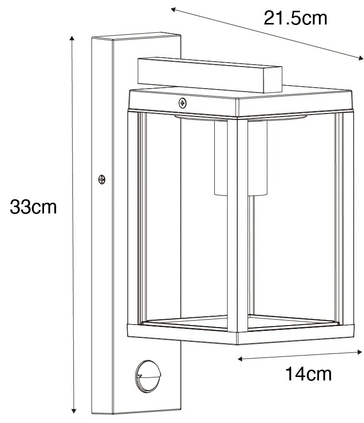 Lampka ścienna zewnętrzna czarna z żebrowanym szkłem i czujnikiem ruchu - Charlois