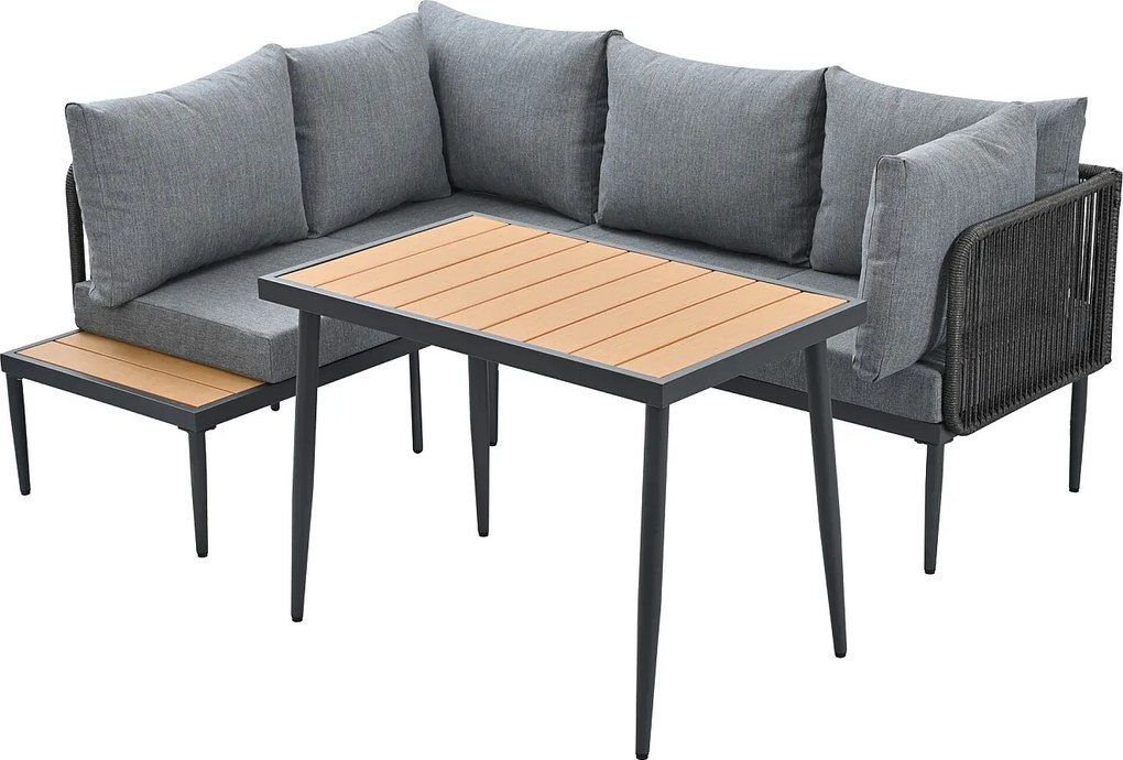Zestaw mebli ogrodowych 4-osobowy - z lekkiej stali ocynkowanej - blat z plastiku-drewna - narożnik + stół jadalny - szary