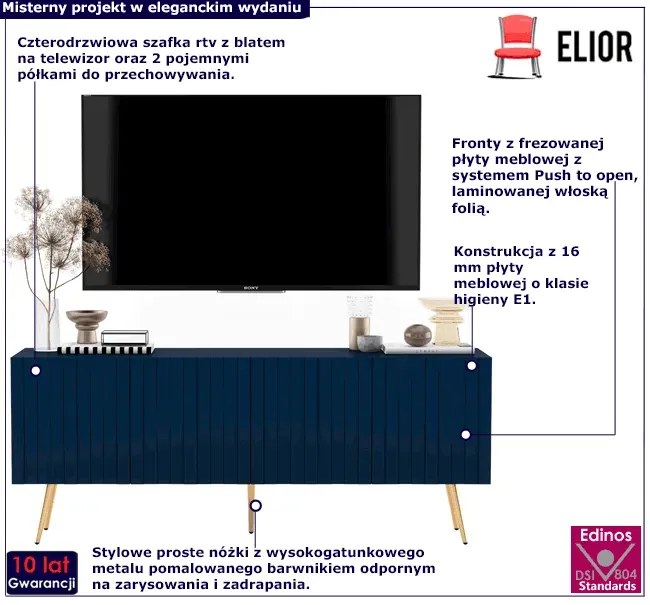 Granatowa lamelowa szafka pod TV glamour - Filo 14X