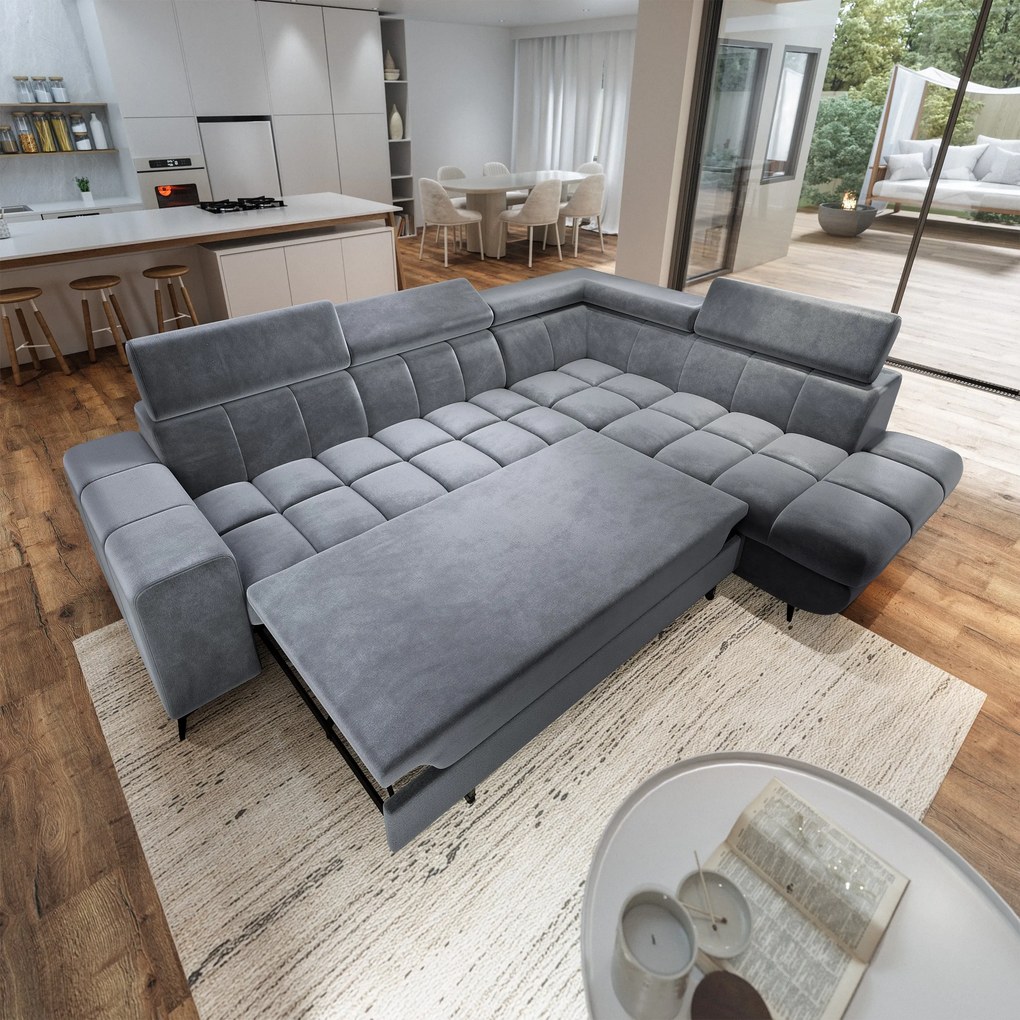 Masseno Narożnik MORIVA z funkcją spania i pojemnikiem na pościel Narozniki L, Rozkładana sofa - Szary, MONOLITH 85