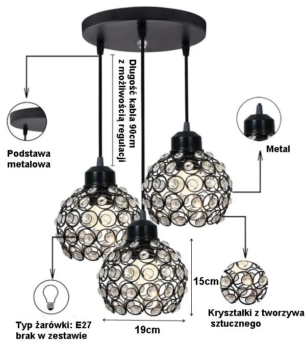 Lampa sufitowa z ażurowymi kloszami i kryształkami wisząca AT10-3SZ-Black