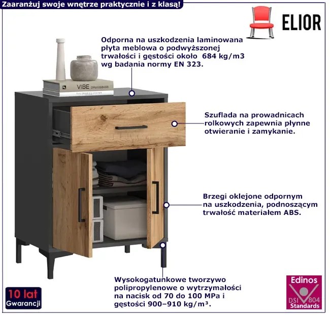 Dwudrzwiowa Komoda Z Szufladą Antracyt + Dąb Wotan Wax 10X