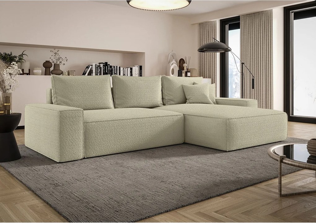 NAROŻNIK MONA z funkcją spania QUELLE 06 Beżowy Prawy Sofa w kształcie L z pojemnikiem na pościel, sofa rozkładana, sofa do salonu