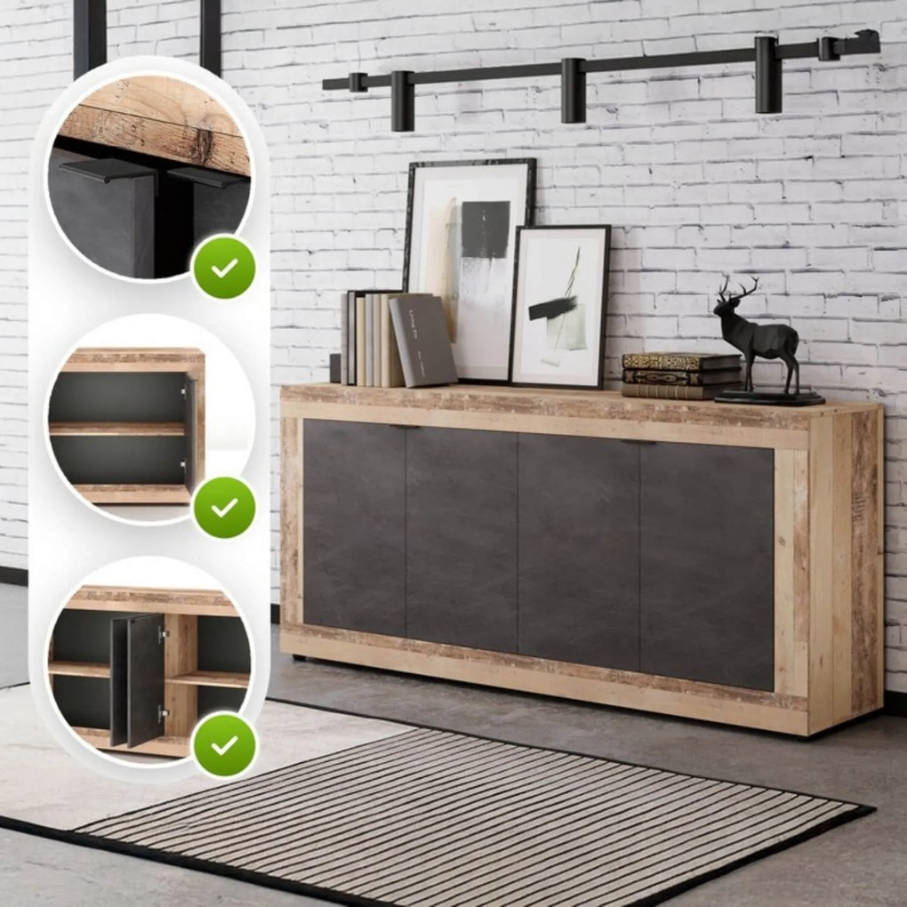 Komoda Czterodrzwiowa BLAGO 180 cm Czarny/Surowy Dąb Loft