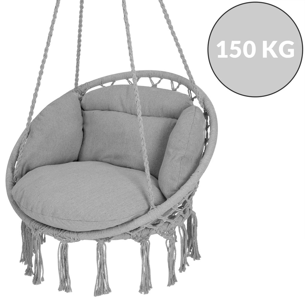 Detex Wiszące krzesło BOHO z poduszkami, Ø61cm, jasnoszara