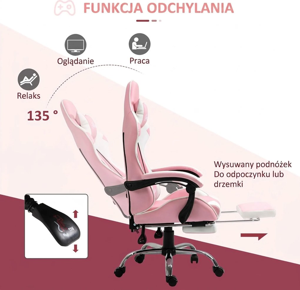 Vinsetto Fotel gamingowy ergonomiczny krzesło komputerowe z regulacją wysokości i zagłówkiem różowy biały | Aosom PL