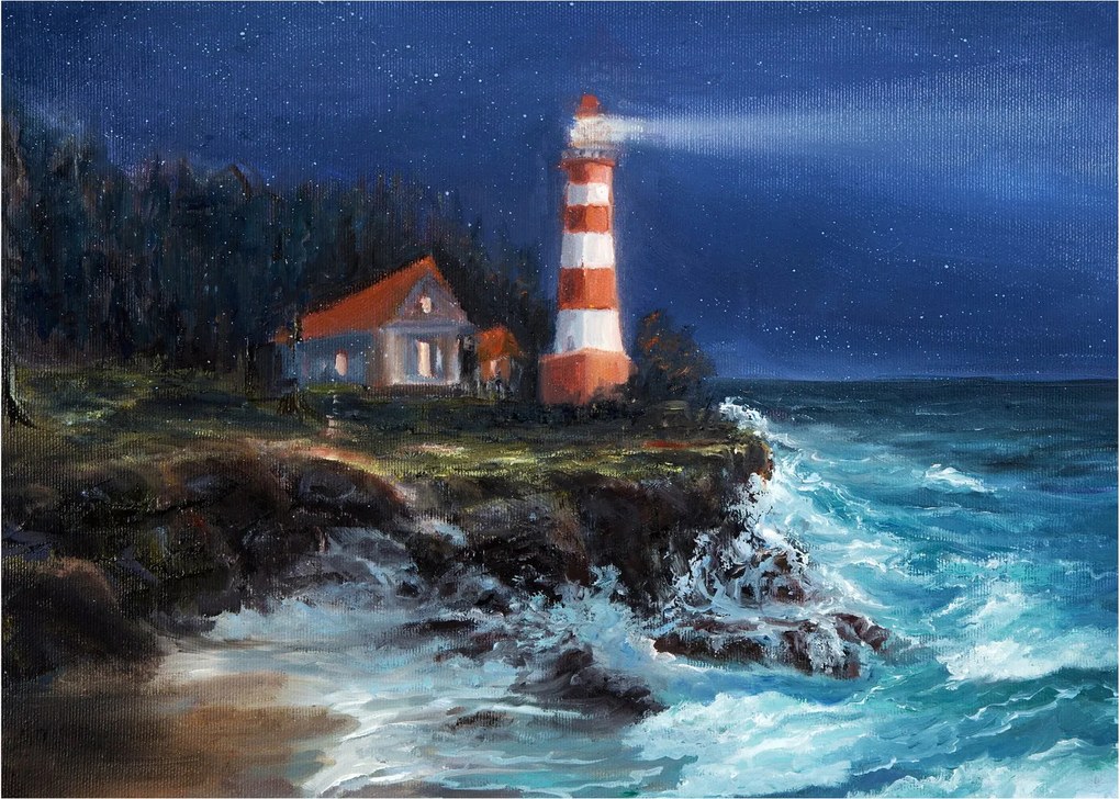 Obraz - Latarnia morska na brzegu oceanu, akwarela (70x50 cm)