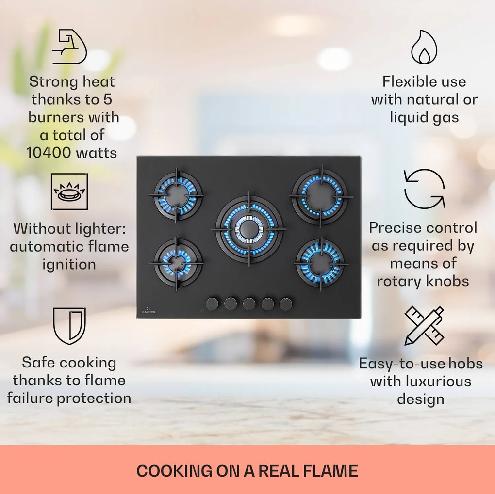 Klarstein Firetale 70cm Płyta gazowa 5 palników Czarny