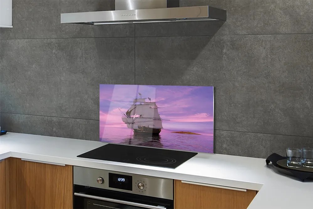 Szkło do Kuchni na Ścianę Statek pod Fioletowym Niebem