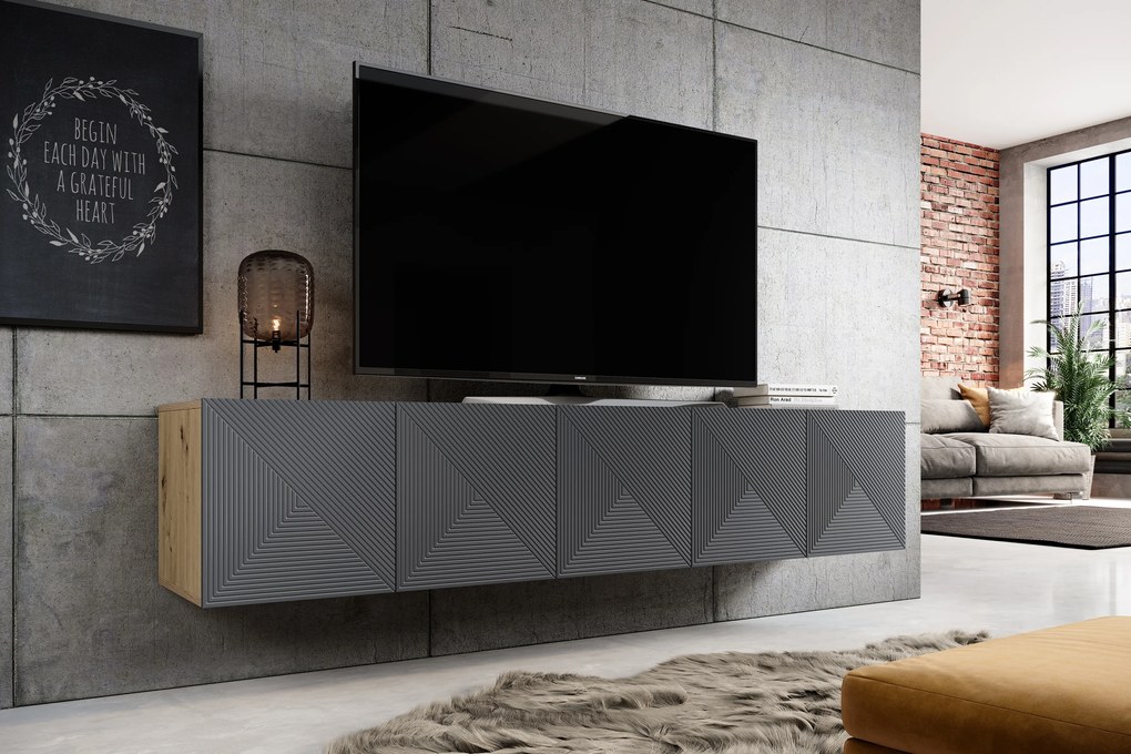 Szafka RTV Asha 200 cm wisząca z ryflowanym frontem - artisan / rivier stone mat