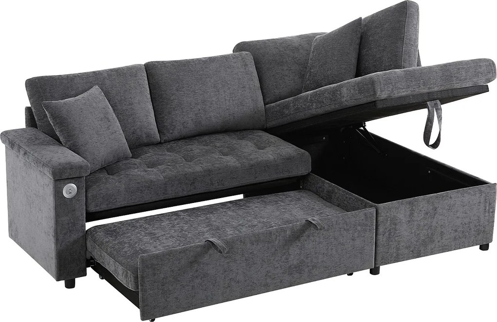 Narożnik w kształcie L z wysuwanym łóżkiem - z miejscem do przechowywania - ładowanie USB - 2 poduszki - Szary