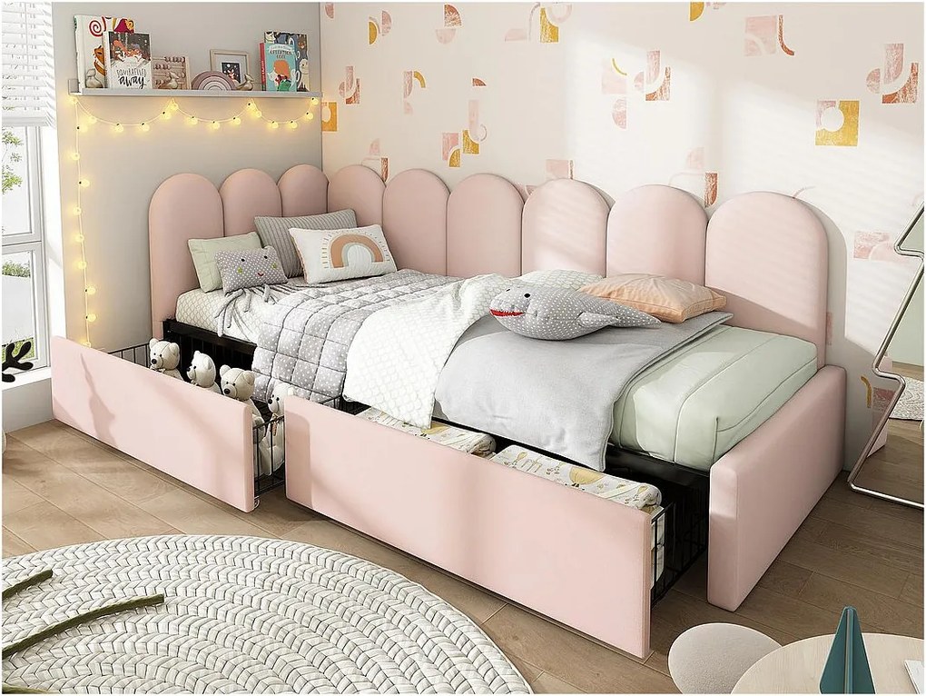 Łóżko z kanapą z 2 szufladami - tkanina welurowa - 90x190 cm - z stelażem na listwy - Różowe