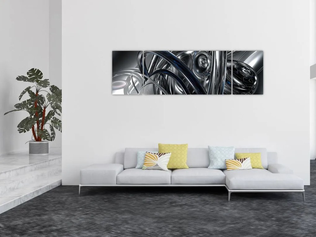 Obraz szarej abstrakcji z niebieskim (170x50 cm)