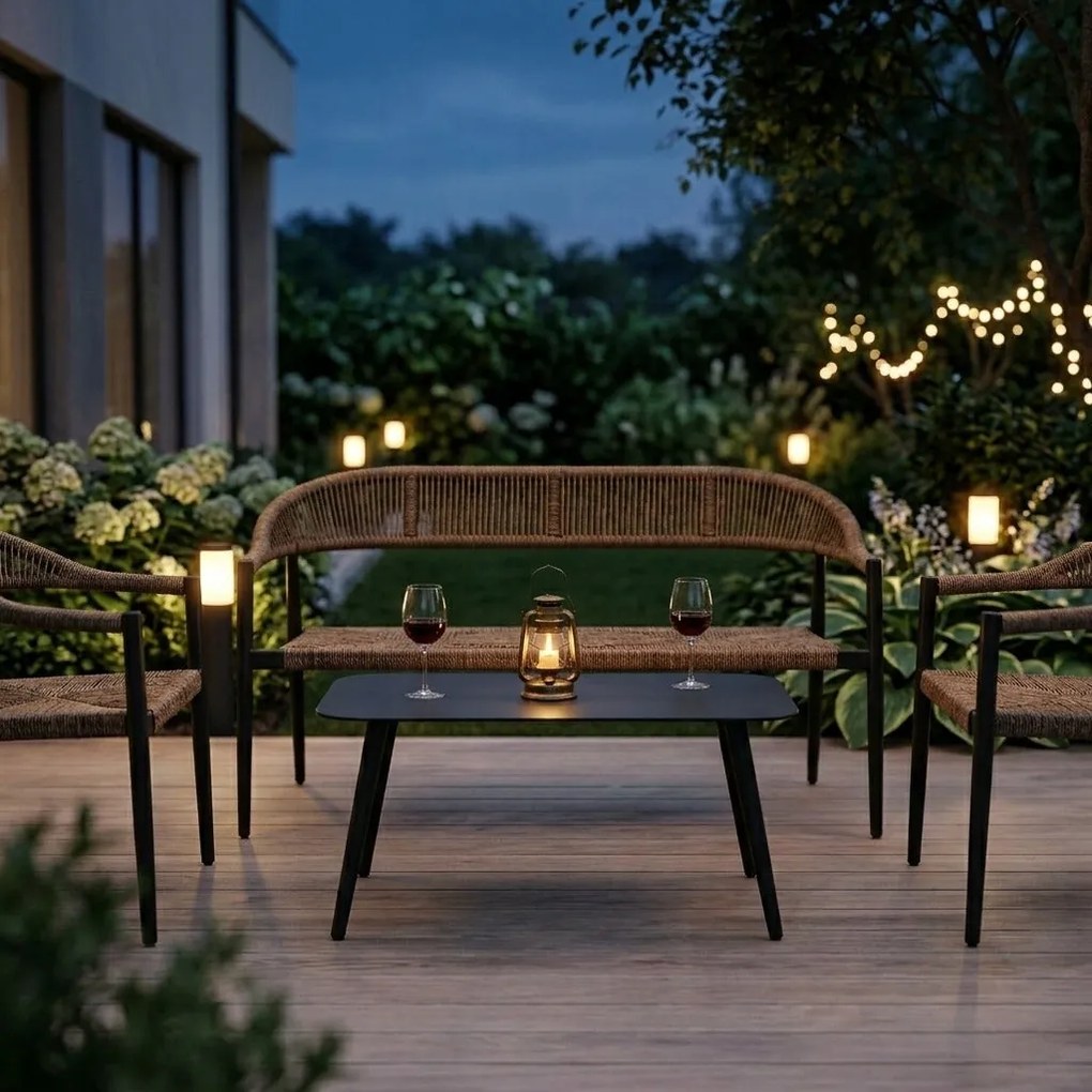 Zestaw mebli ogrodowych pleciony beżowy rama szara ławka, 2 krzesła, stolik