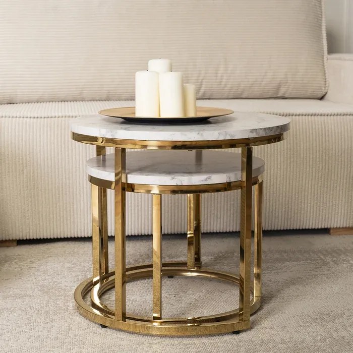 Zestaw Stolików Kawowych OLIS 43 cm/53 cm Biały Marmur Złoty do Salonu Glamour
