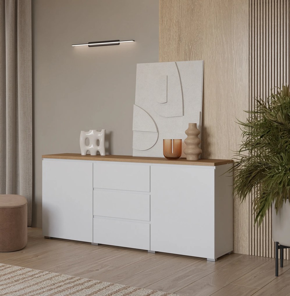 Komoda ORVO 150 cm do Salonu Sypialni Biały-dąb mauvella