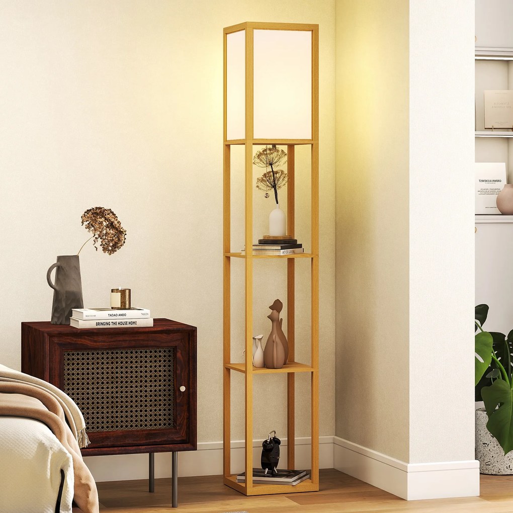 HOMCOM Lampa stojąca z 3 półkami, lampa podłogowa z oprawką E27, 26 x 26 x 160 cm, do salonu/sypialni (bez żarówki) | Aosom PL