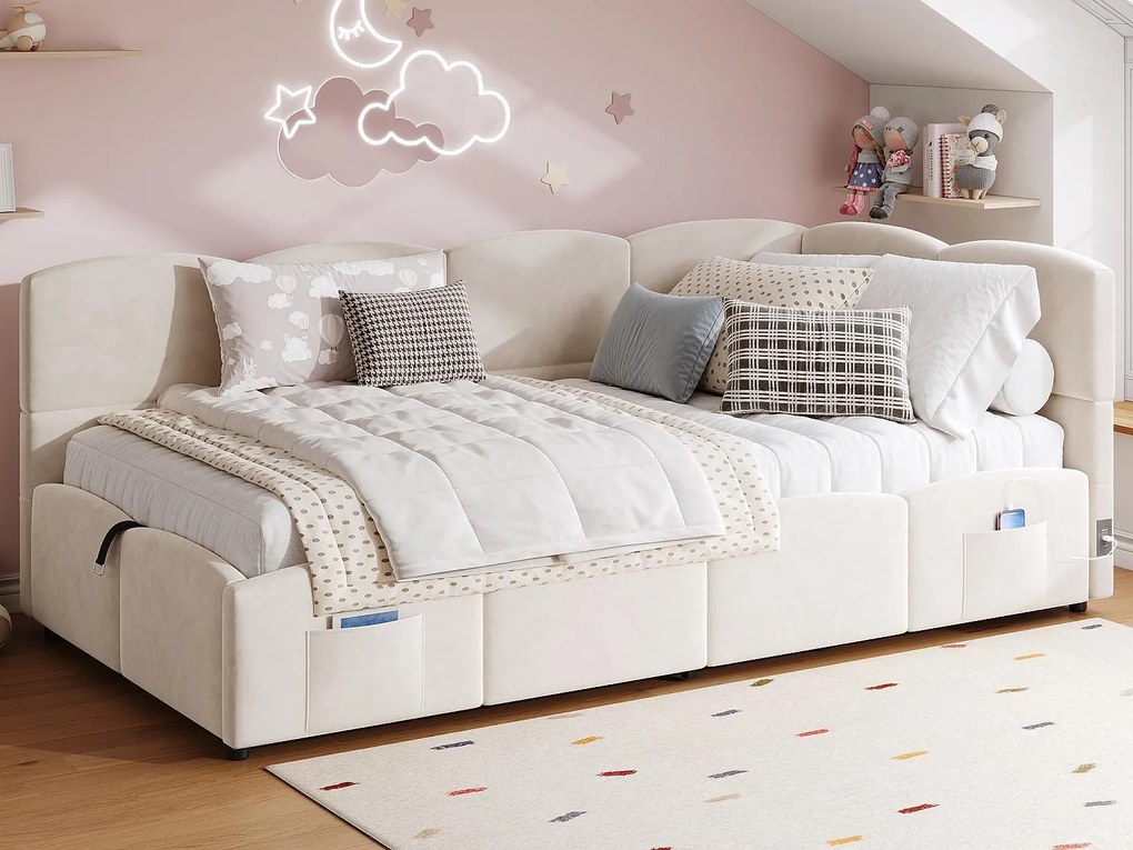 Sofa dziecięca z funkcją spania 90x200 cm - Łóżko z pojemnikiem - z portami USB - z kieszenią na przechowywanie - Aksamit - Beżowy (bez materaca)