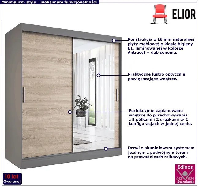 Szafa przesuwna antracyt + dąb sonoma 180 cm - Massi 5X