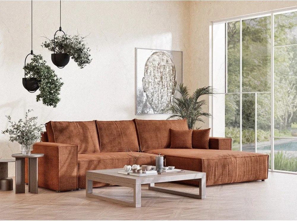 Rozkładany narożnik ze schowkiem z tkaniny szenilowej (prawostronny/z szezlongiem) w kolorze miedzi Maze – Maison de Rêve