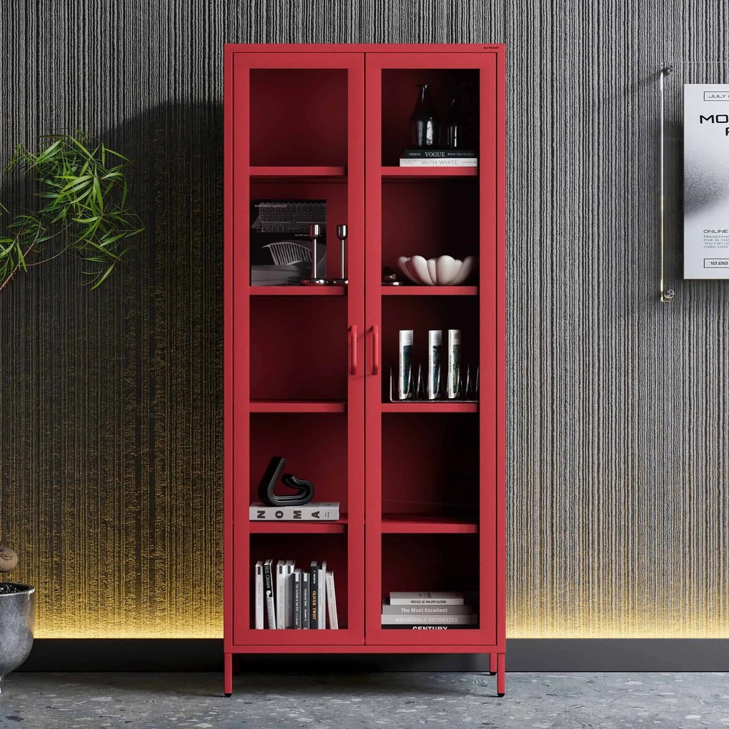 Witryna szklana do salonu czerwona Modern ANGELO 800 x 1850 x 450 mm