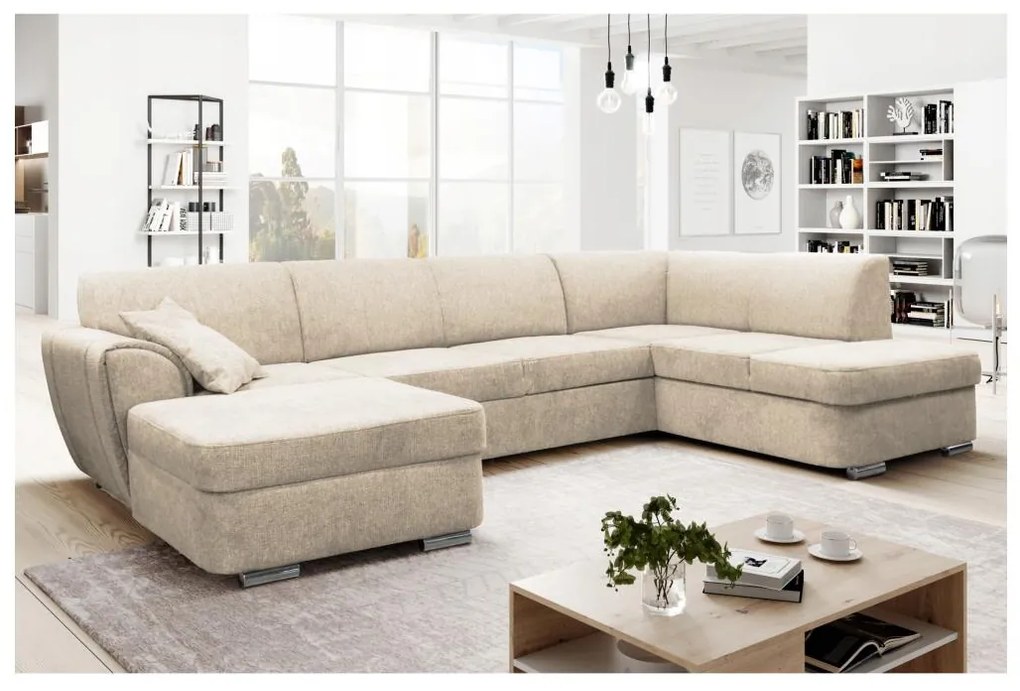 Rozkładany narożnik w kształcie U z pojemnikiem na pościel SERPA, prawy, beżowy