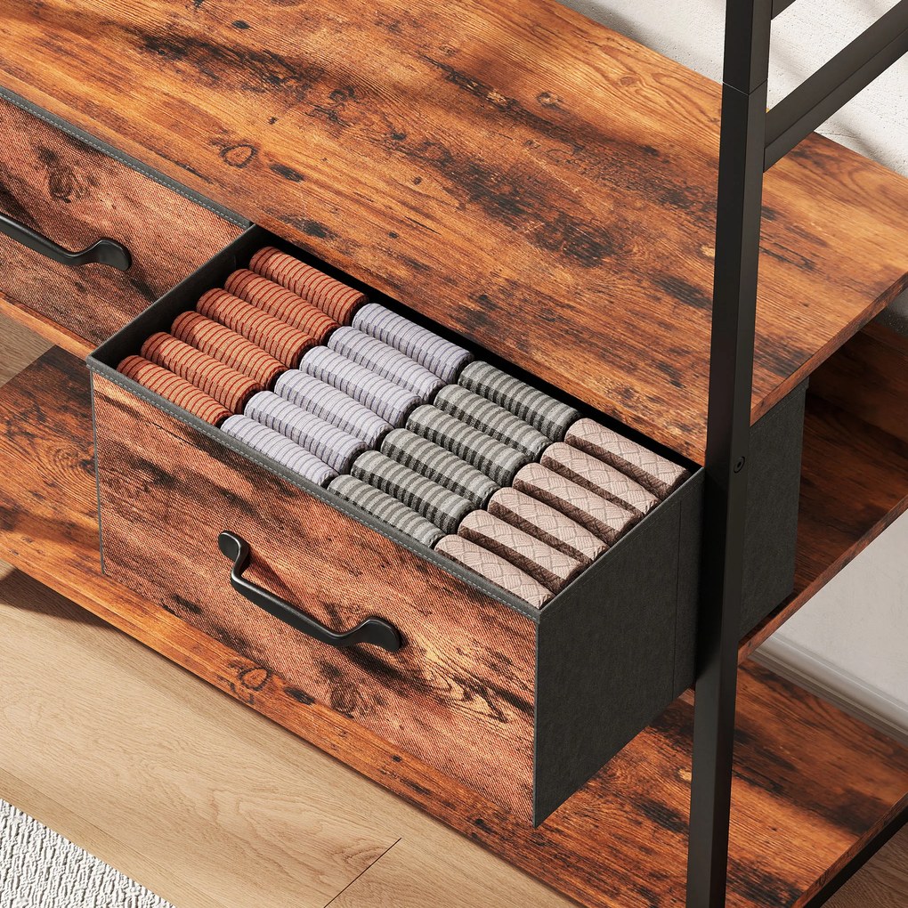 HOMCOM Garderoba z półką na buty, stojak na płaszcze z siedziskiem, 10 haczyków, 2 materiałowe szuflady, drążek, płyta wiórowa, metal, brązowy