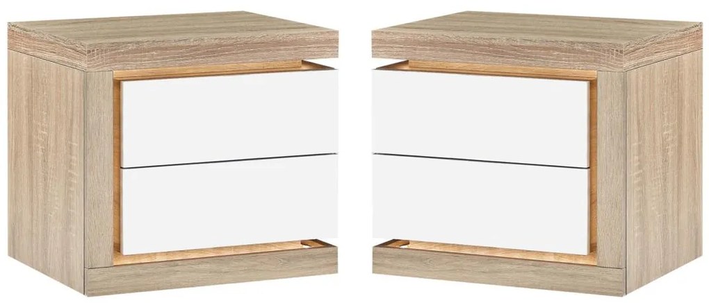 Zestaw 2 szafek nocnych z 2 szufladami - Z oświetleniem LED - Biały lakierowany i naturalny - FLARANCIA