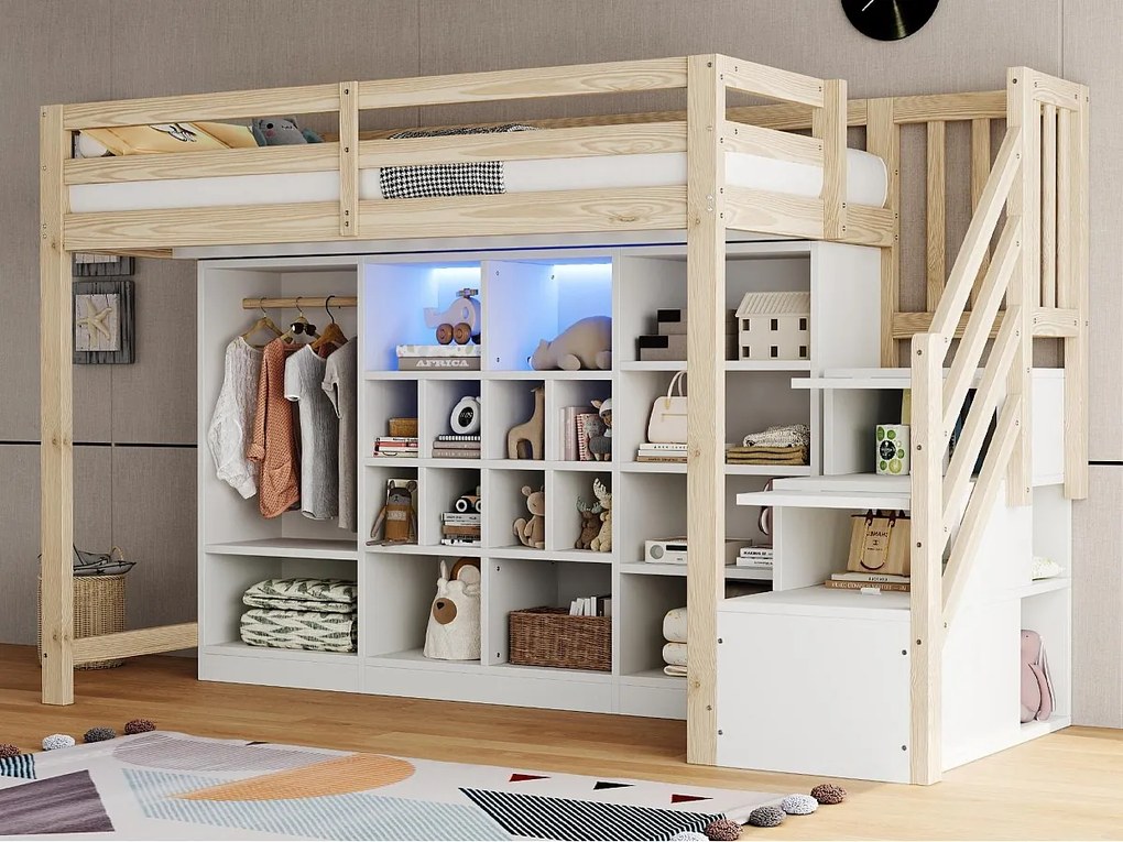Łóżko na antresoli 90x200 cm - z przegródkami do przechowywania - z szafą - z oświetleniem LED - z drabiną bezpieczeństwa - naturalny