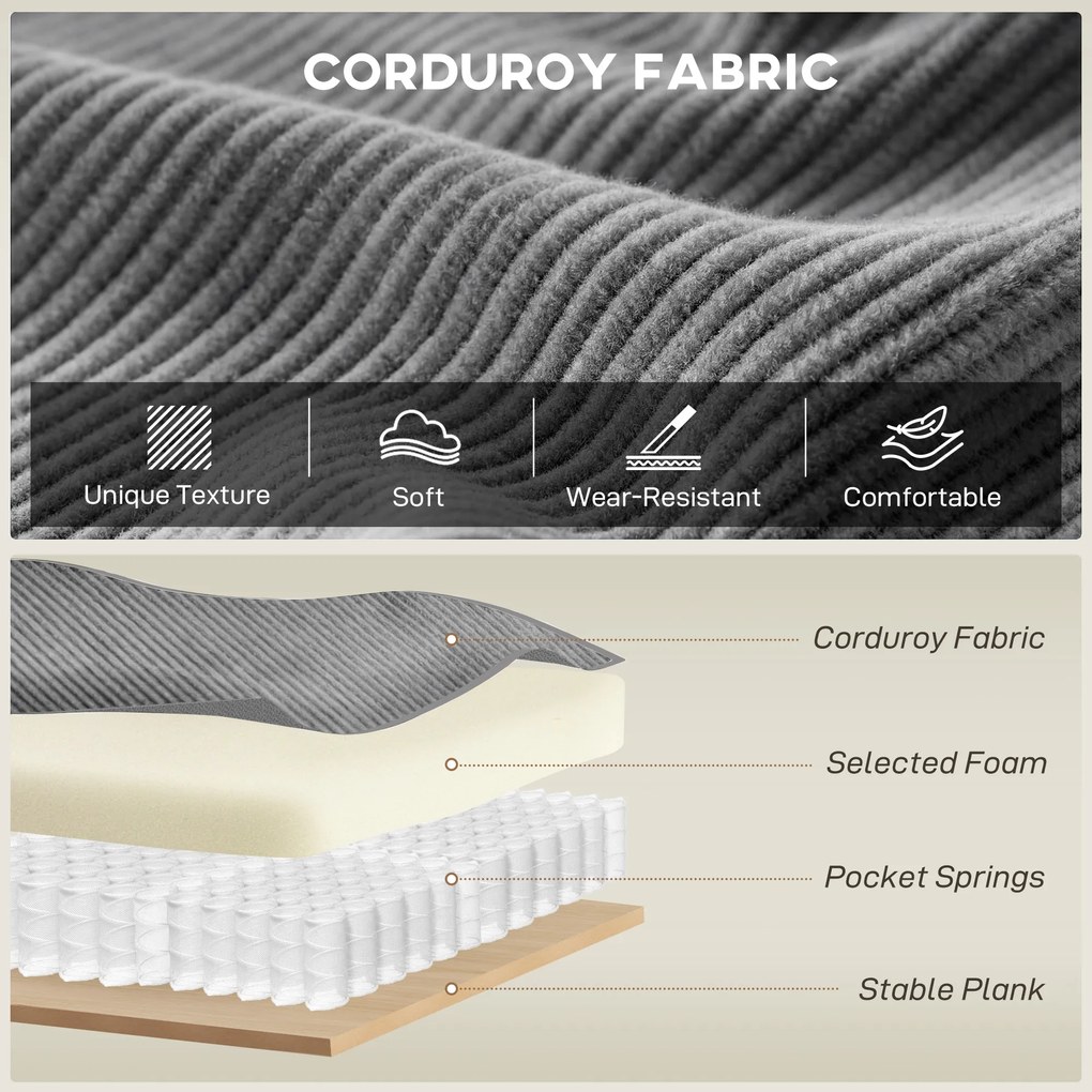 HOMCOM 218 cm 3-osobowa sofa, nowoczesna sofa w stylu sztruksowym z sprężynami kieszeniowymi, szerokimi podłokietnikami i 2 poduszkami, jasnoszara | Aosom PL