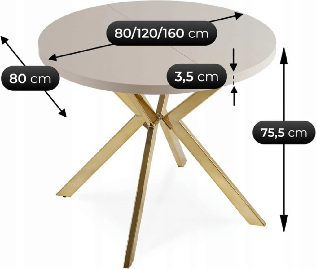 Stół Okrągły Rozkładany DORIAN 80-160 cm Kaszmir/Złoty Glamour