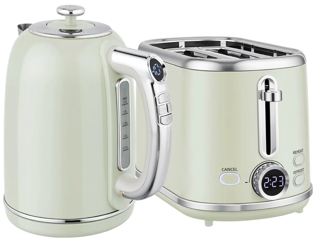 HOMCOM Zestaw czajnik i toster, wyświetlacz LED, 1,7 l, 2200W, retro design, funkcja pamięci, szary