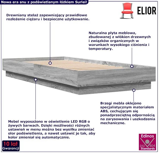 Łóżko z oświetleniem LED szary dąb 90x200 T7-D86