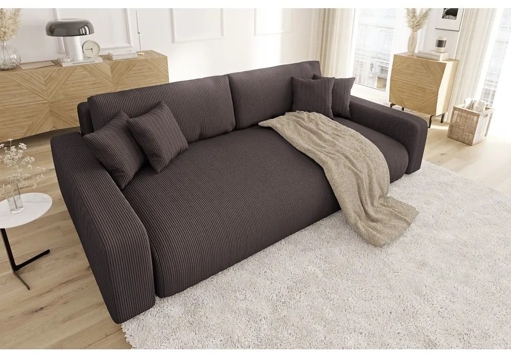 Brązowa sztruksowa rozkładana sofa ze schowkiem 234 cm Sara – Ropez