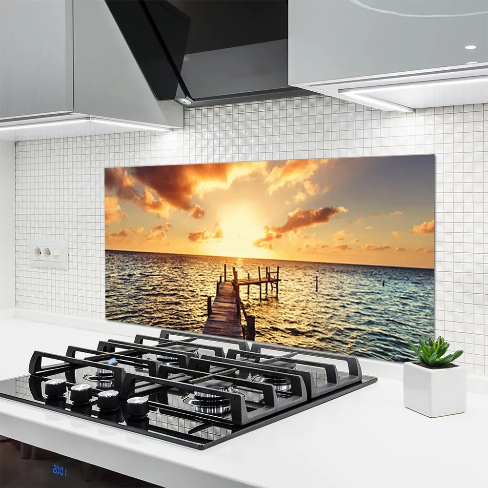 Szkło do Kuchni na Ścianę Drewniany Pomost o Zmierzchu