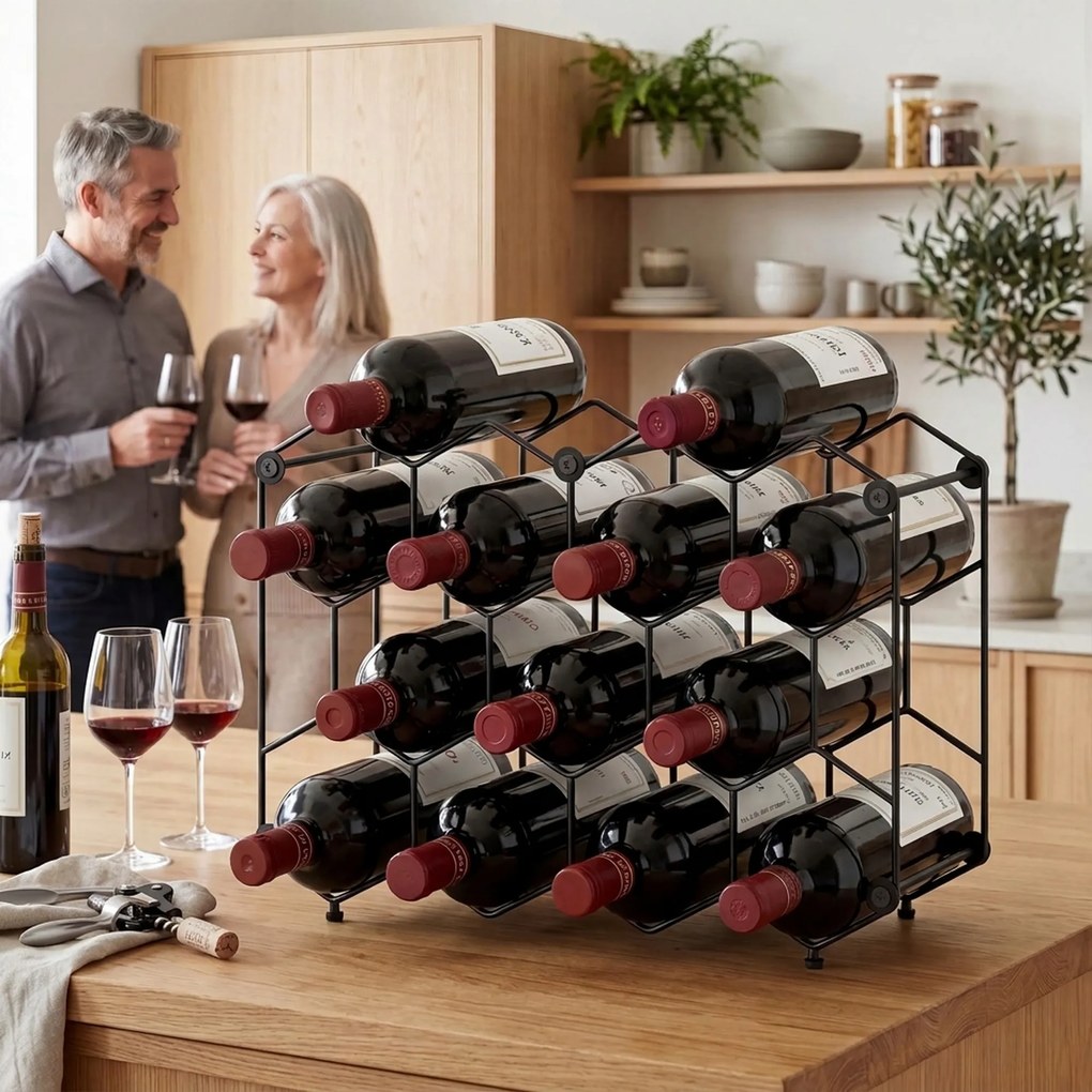 HOMCOM Stojak na wino na 13 butelek z designem plastra miodu, regulowanymi nóżkami, zabezpieczeniem przed przewróceniem, metalowy, 43 x 15,5 x 31 cm, czarny | Aosom PL