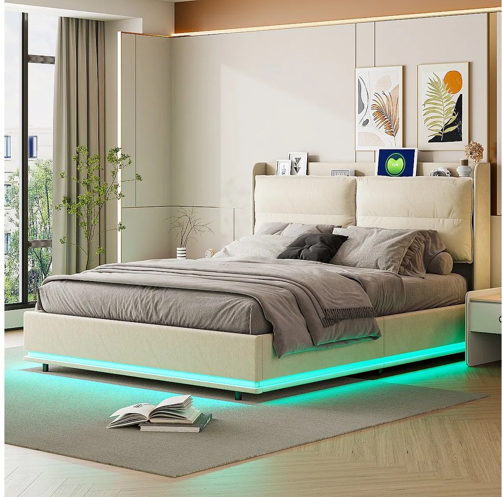 Łóżko z pojemnikiem 140x200 cm welur beżowy z LED RGB, ładowanie USB/Type-C/bezprzewodowe, podwójne hydrauliczne przechowywanie, skandynawskie zagłówek na suwak