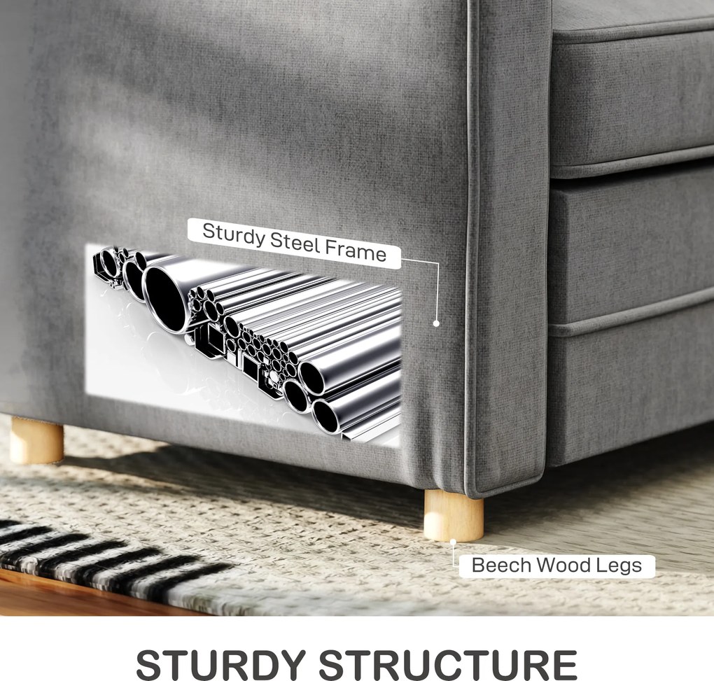 HOMCOM Sofa 2-osobowa, Kompaktowa Sofa do Salonu, Materiał imitujący len, Miękkie Poduszki, Rama Stalowa, Ciemnoszary
