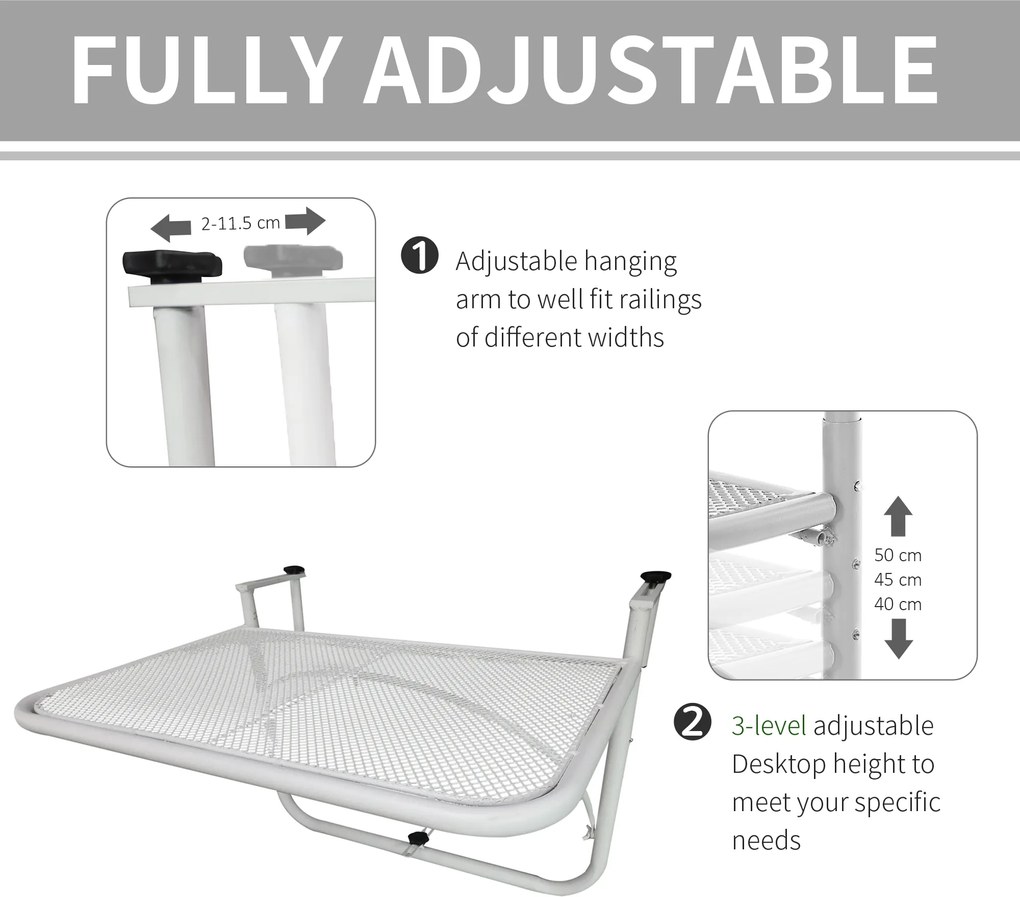 Outsunny Stół Wiszący Balkonowy Kwadratowy Regulowana Wysokość Metalowy Biały 60x565x45cm | Aosom PL
