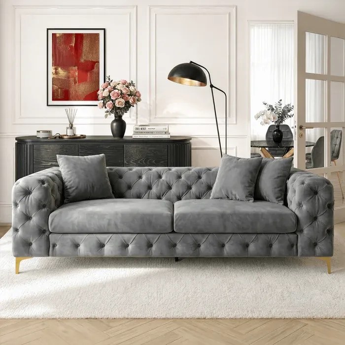 Sofa SORRENTO 3S Trzyosobowa Szara Welurowa Glamour