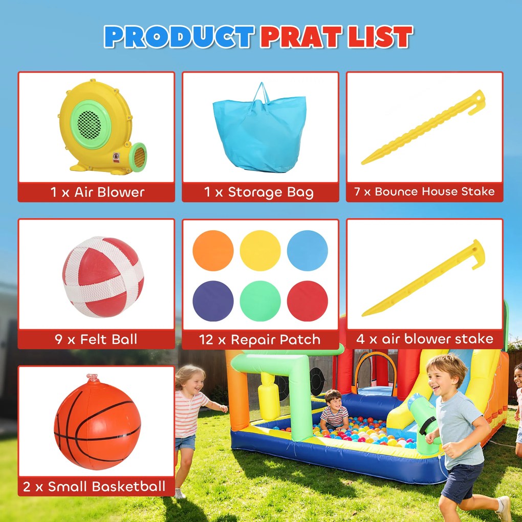 AIYAPLAY 9-w-1 Dmuchana zjeżdżalnia z pompką, ze zjeżdżalnią, basenem i pistoletem na wodę dla dzieci 3-8 lat, 330x290x185 cm, wielokolorowa | Aosom PL