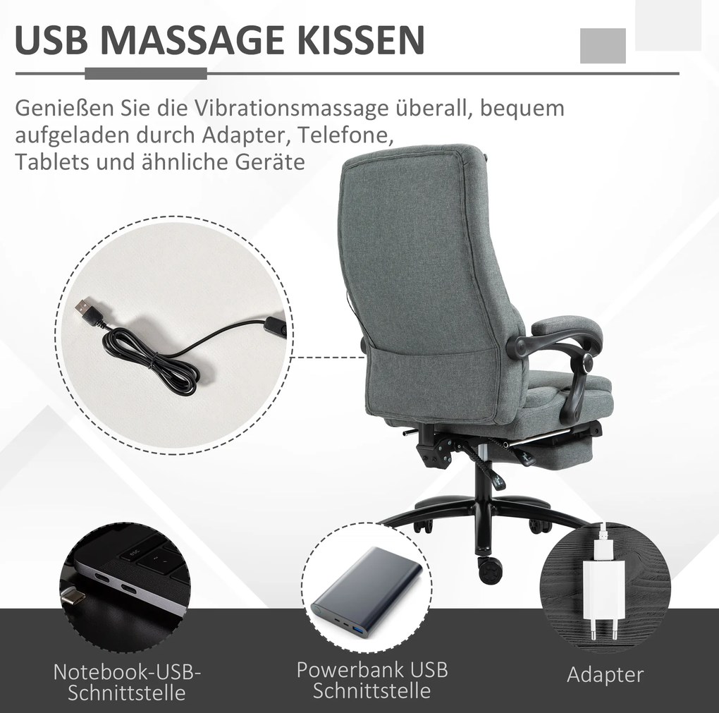 Vinsetto Fotel biurowy z masażerem obrotowy z podnóżkiem regulowany wysoki do 115 kg szary | Aosom PL