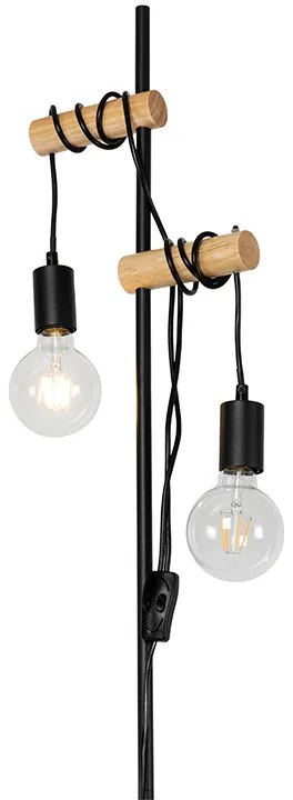 Rustykalna lampa podłogowa czarna z drewnem 2-światła - Dami Rustykalny / Vintage Oswietlenie wewnetrzne