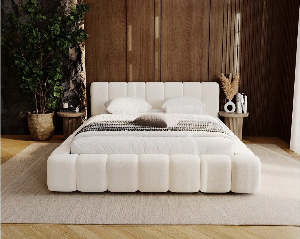 Emporius Bolonia łóżko tapicerowane 160x200 cm - łóżko podwójne 160x200 - pojemnik, stelaż, gruba pianka, tkanina welurowa, kremowy (Komodo 10)